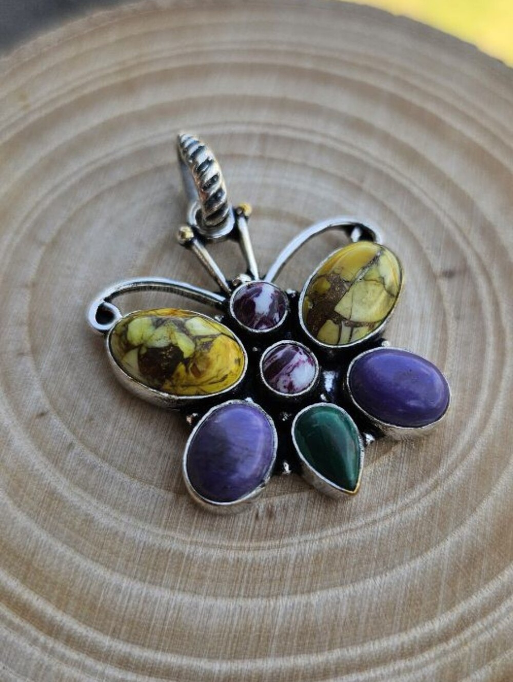 Turquoise/ Purple Dahlia Sterling Butterfly Pendant With Makers Mark